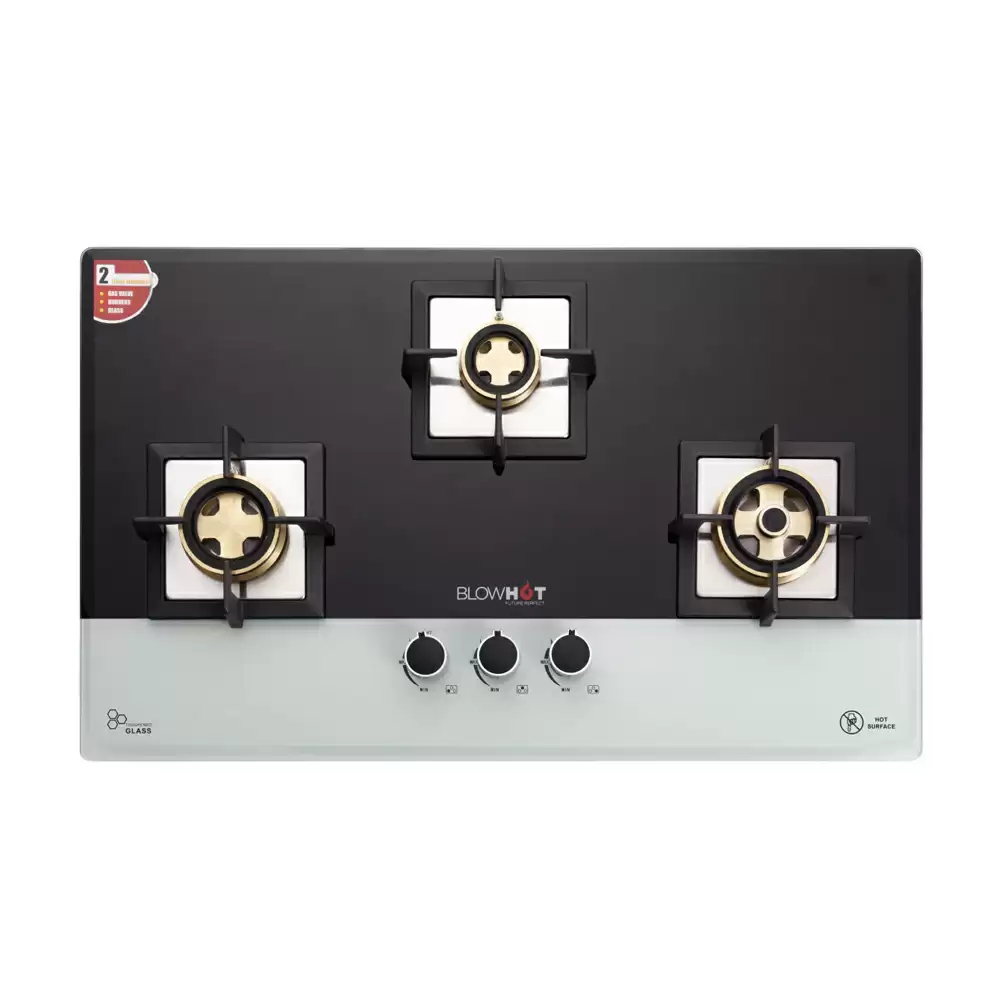 BlowHot Imperial Plus 77 cm 3 Brass Burner Auto Ignition Glass Top Built-in Hob - Black (1 Years Warranty)