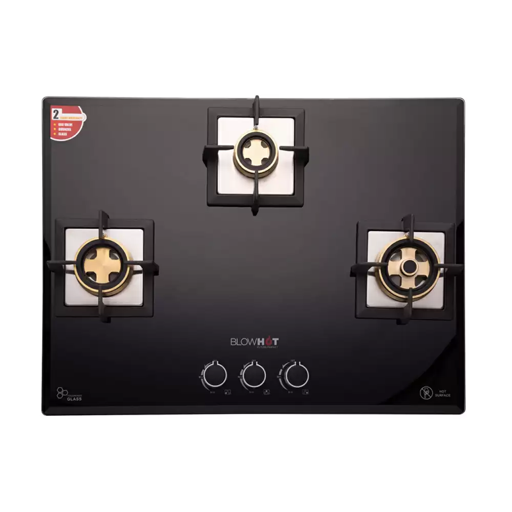 BlowHot Majesty Plus 70 cm 3 Brass Burner Auto Ignition Glass Top Built-in Hob - Black (1 Years Warranty)