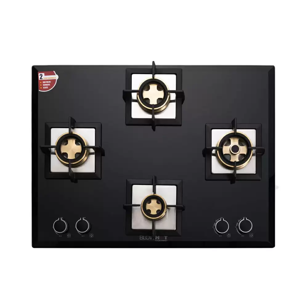 BlowHot Majesty Plus 70 cm 4 Brass Burner Auto Ignition Glass Top Built-in Hob - Black (1 Years Warranty)