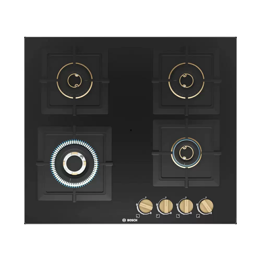 Bosch PNH6B6F20I 60 cm 4 Brass Burner Auto Ignition Glass Top Built-in Hob - Black
