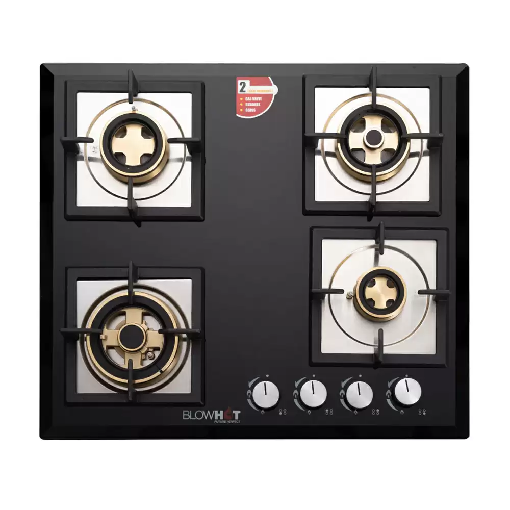 BlowHot Prince Plus 60 cm 4 Brass Burner Auto Ignition Glass Top Built-in Hob - Black (1 Years Warranty)