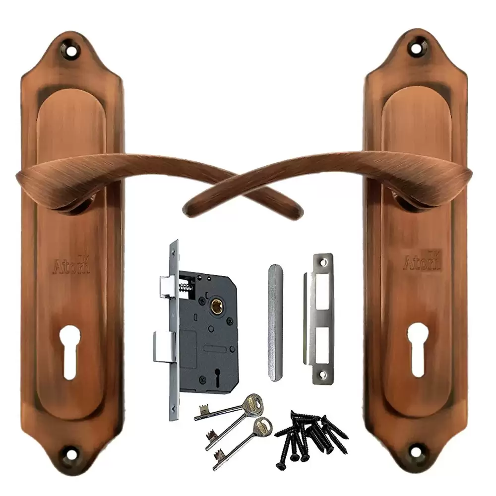 Atom Locks MH-509-KY-COPPER Copper 7 Inch KY Handle on Plate Door Handleset With Lock Body and Keys (Copper Antique)