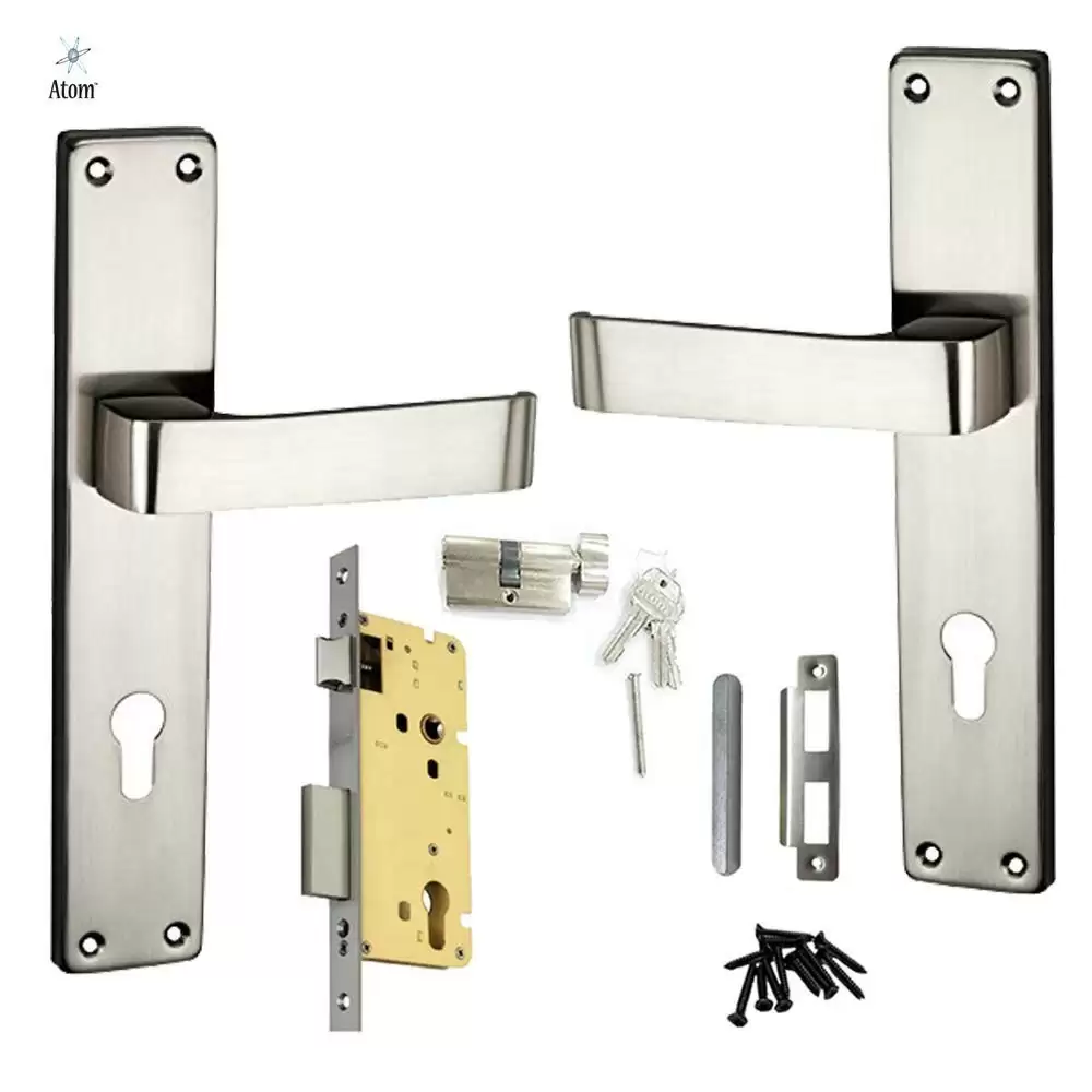 Atom Locks MH-903-CY-SS-OSK Brass 8 Inch CY Handle on Plate Door Handleset With Lock Body and Cylinder (Satin)