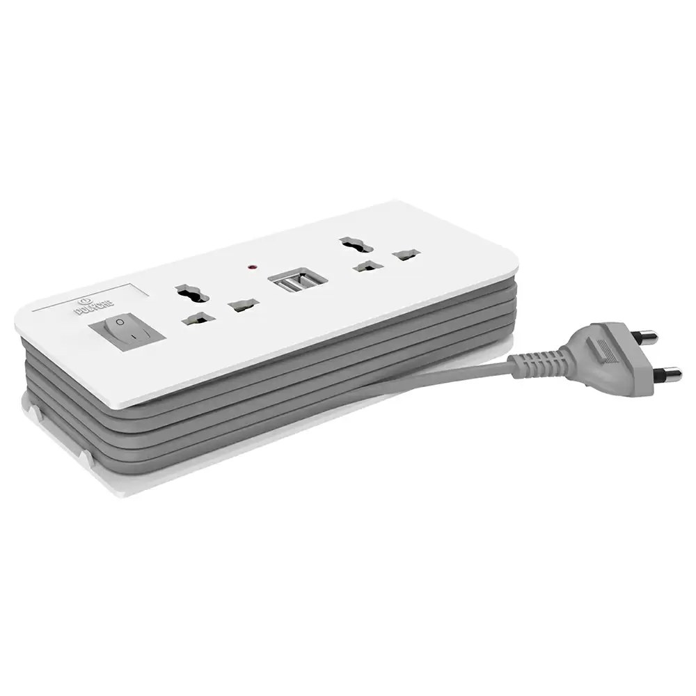 (Pack of 2) Polycab 6 Amp Multifunctional 2 Pin Extension Board With 2 Socket &amp; 2 USB Port -  White &amp; Grey