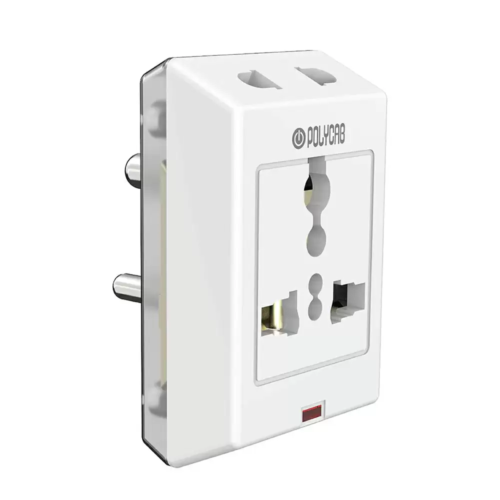 Polycab 6 Amp Travel Universal Multi-Plug With Surge Protection & Power Indicator - White & Grey