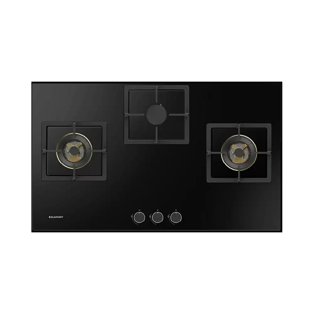 Hettich 5GH 85BB390 86 cm 3 Brass Burner Auto Ignition Glass Top Built-in Hob - Black (2 Year Warranty)