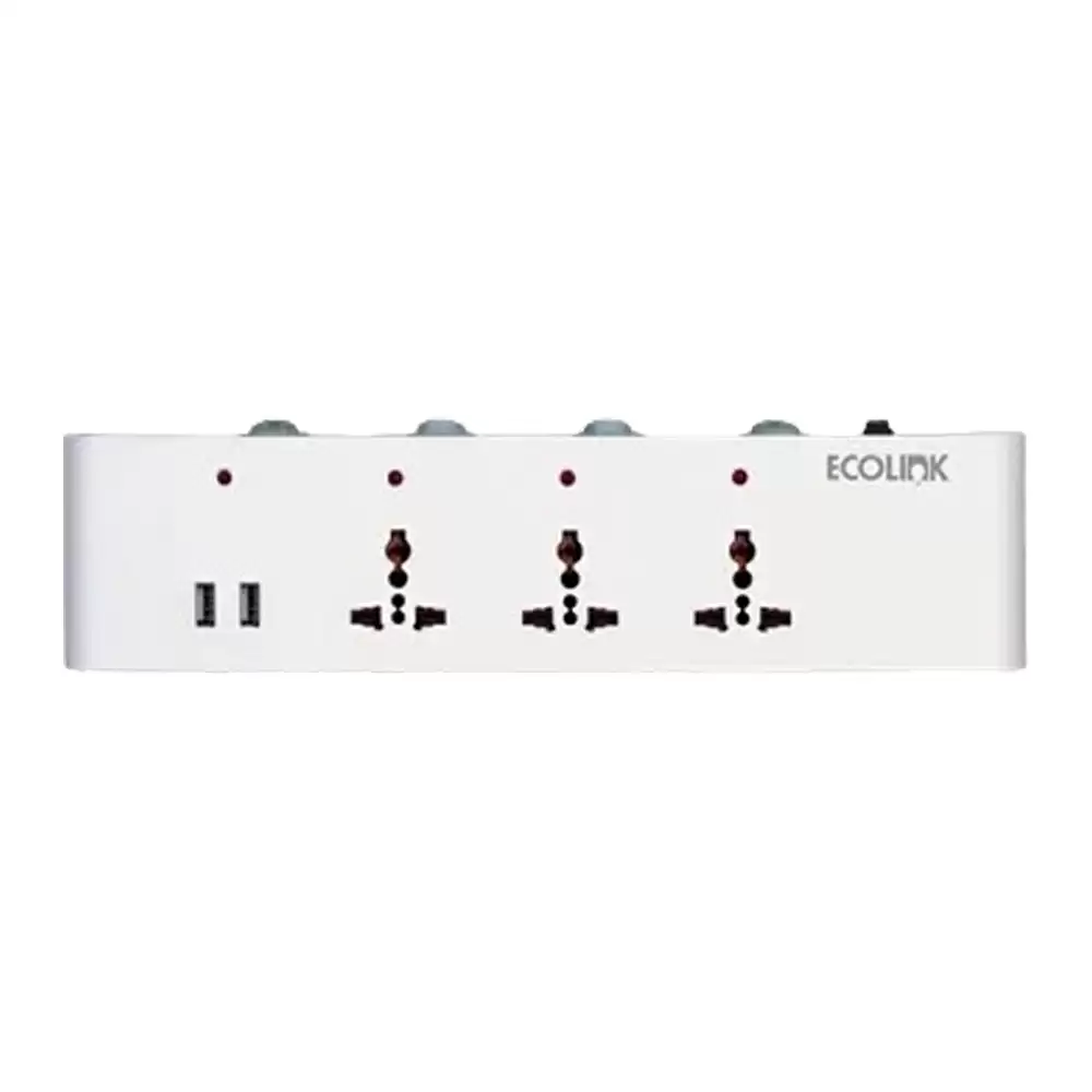 EcoLink Guardian Impetus Spike Guard 6 Amp Extension Board With 3 Sockets & USB Port, White - 913715174201