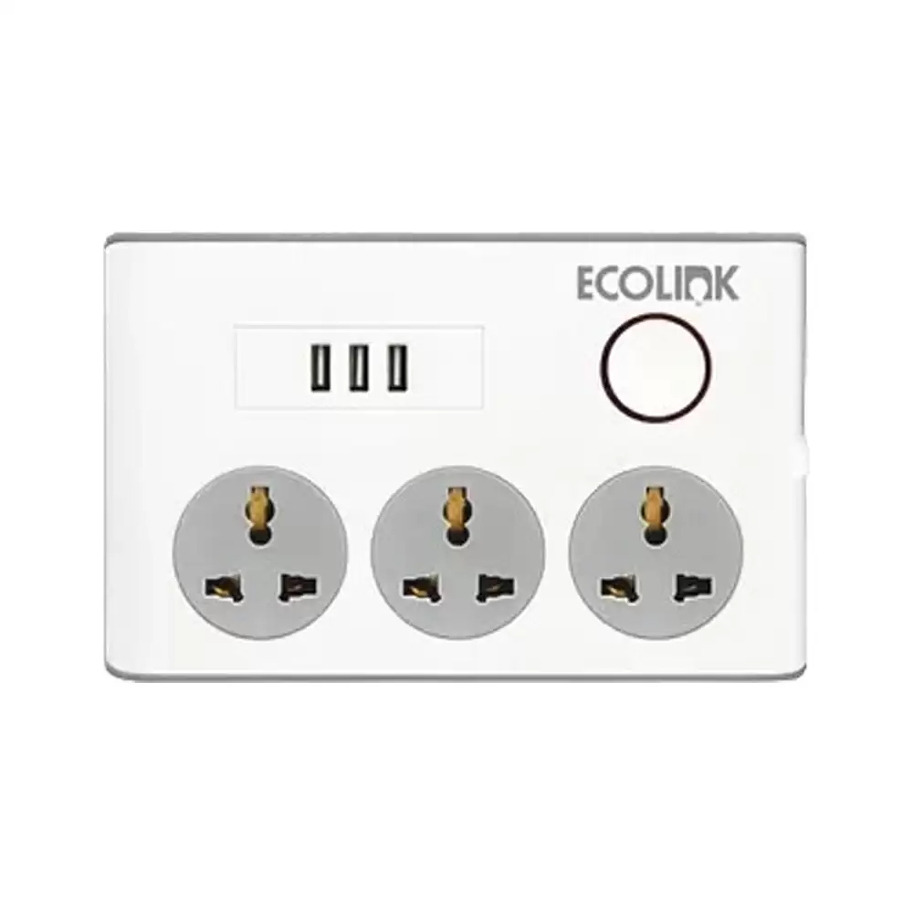 Ecolink Guardian Advance Spike Guard 6 Amp Extension Board With 3 Sockets & 3 USB Ports, White - 913715174501