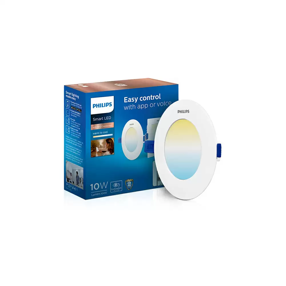 Philips Smart 10 Watt Wi-Fi Round LED Downlight With Wiz Connected, Warm White, White & Dimmable - 929002654501