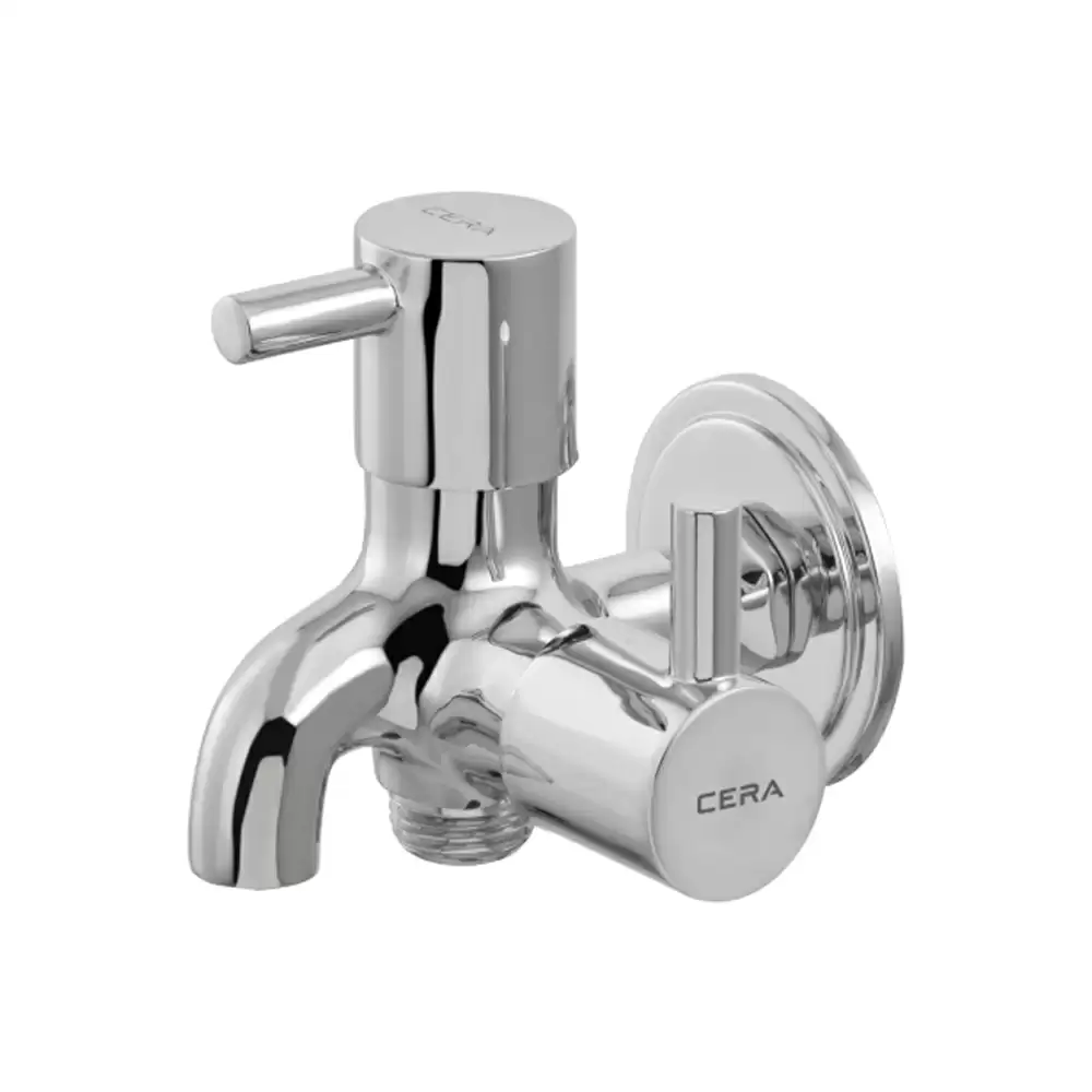 Cera Garnet Brass & Stainless Steel Two Way Bib Cock Tap With Side Handle, Wall Flange & Aerator - Chrome Finish