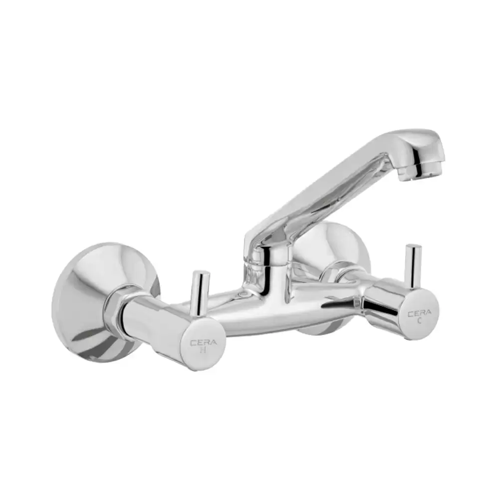 Cera Garnet Brass Sink Mixer Wall Mounted With 150 mm Long Swivel Spout, Connecting Legs & Wall Flanges - Chrome Finish