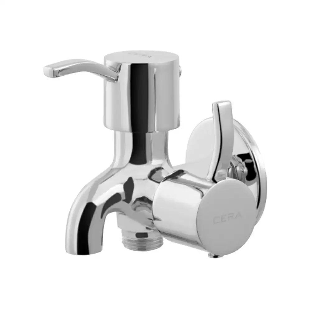 Cera Crayon Brass Two Way Bib Cock Tap With Side Handle, Wall Flange & Aerator - Chrome Finish