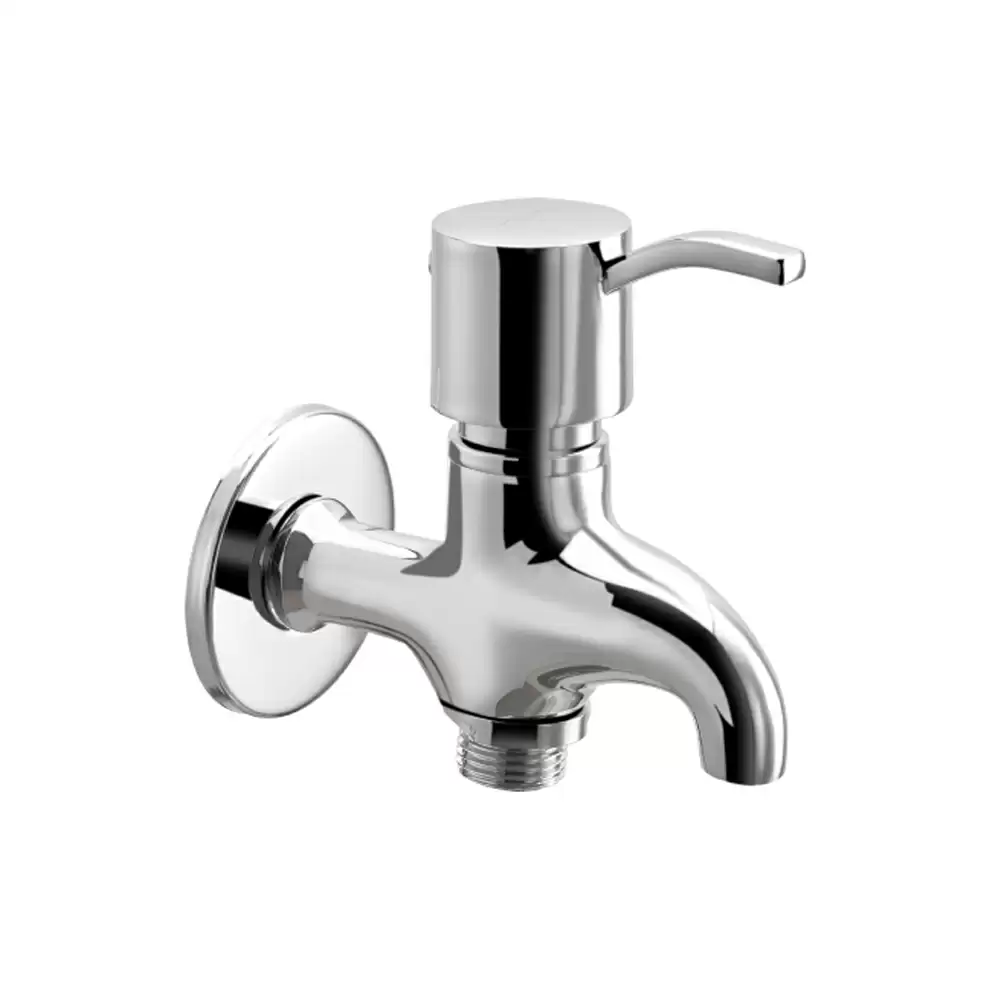 Cera Crayon Brass Two Way Bib Cock Tap With Single Handle & Wall Flange - Chrome Finish