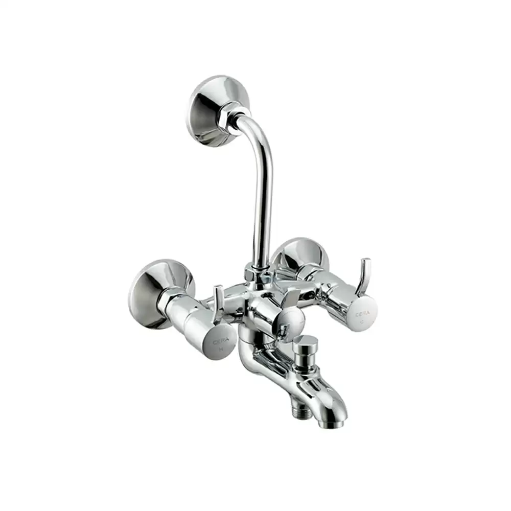 Cera Crayon Brass Wall Mixer 3 In 1 With Arrangement For Both Telephonic Hand Shower & Overhead Shower With Bend Pipe -Chrome Finish