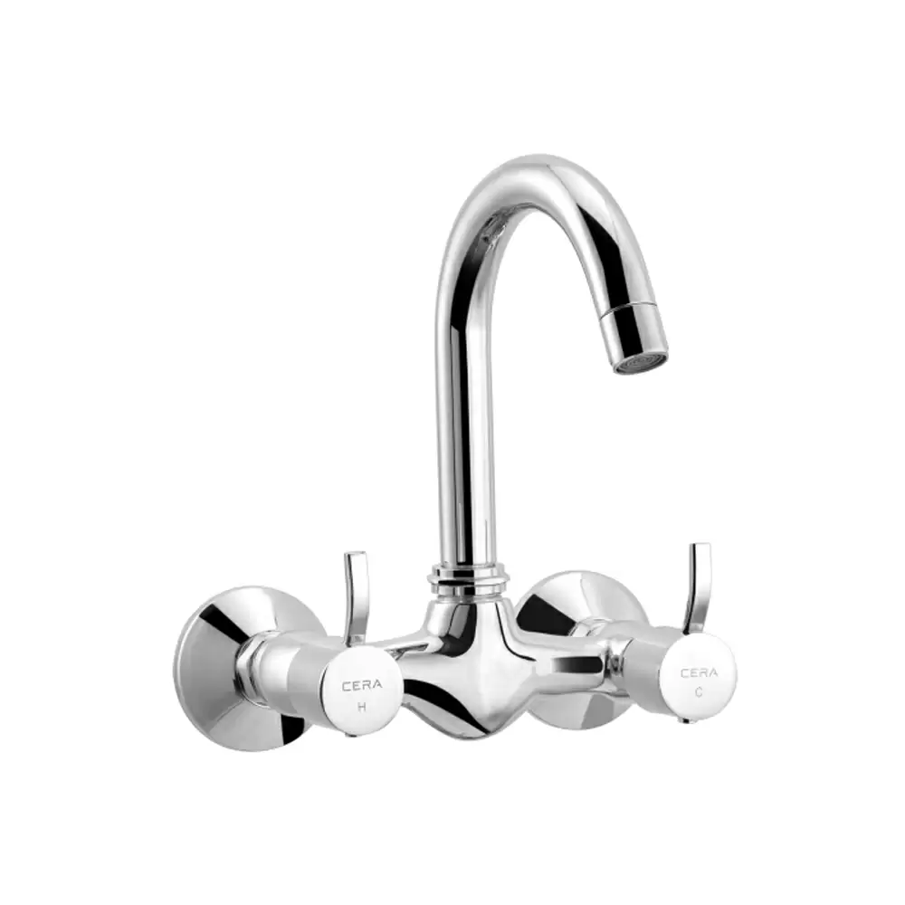 Cera Crayon Brass Wall Mounted Brass Sink Mixer With 170 mm Long Swivel Spout, Connecting Legs & Wall Flange - Chrome Finish