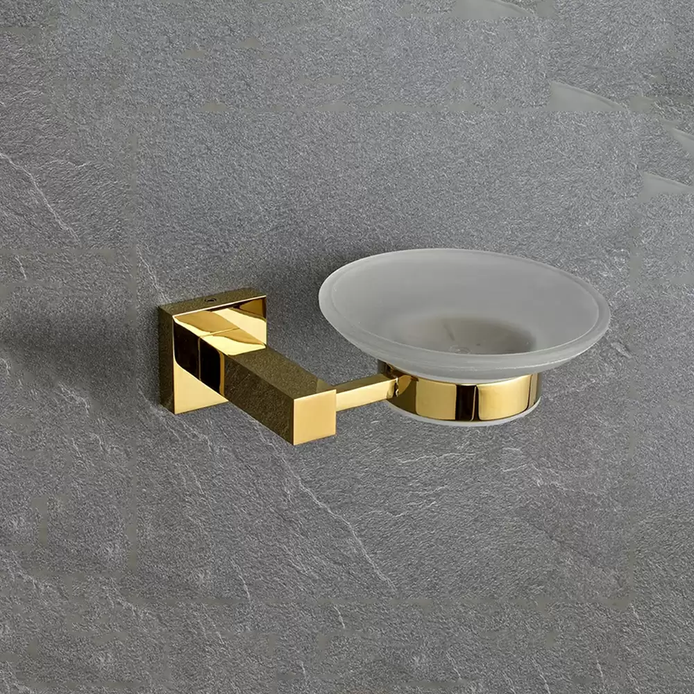 AceLine Aqua Square Brass Soap Dish with Frosted Glass - PVD Gold