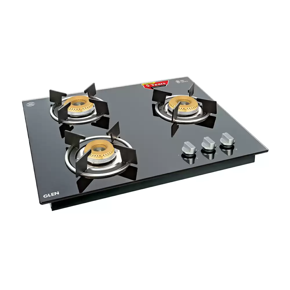 Glen BH 1063 RO IN HT 60 cm 3 Brass Burner Auto Ignition Glass Top Built-in Hob - Black (2 Years Warranty)