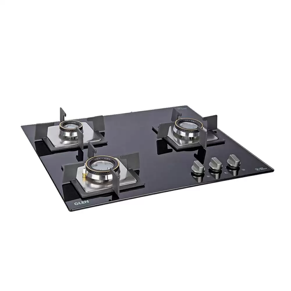 Glen BH 1063 SQ DB 60 cm 3 Brass Burner Auto Ignition Glass Top Built-in Hob - Black (2 Years Warranty)