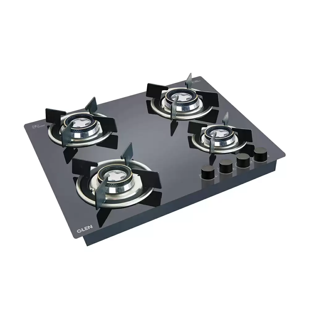 Glen BH 1064 RO HT DB 60 cm 4 Brass Burner Auto Ignition Glass Top Built-in Hob - Black (2 Years Warranty)