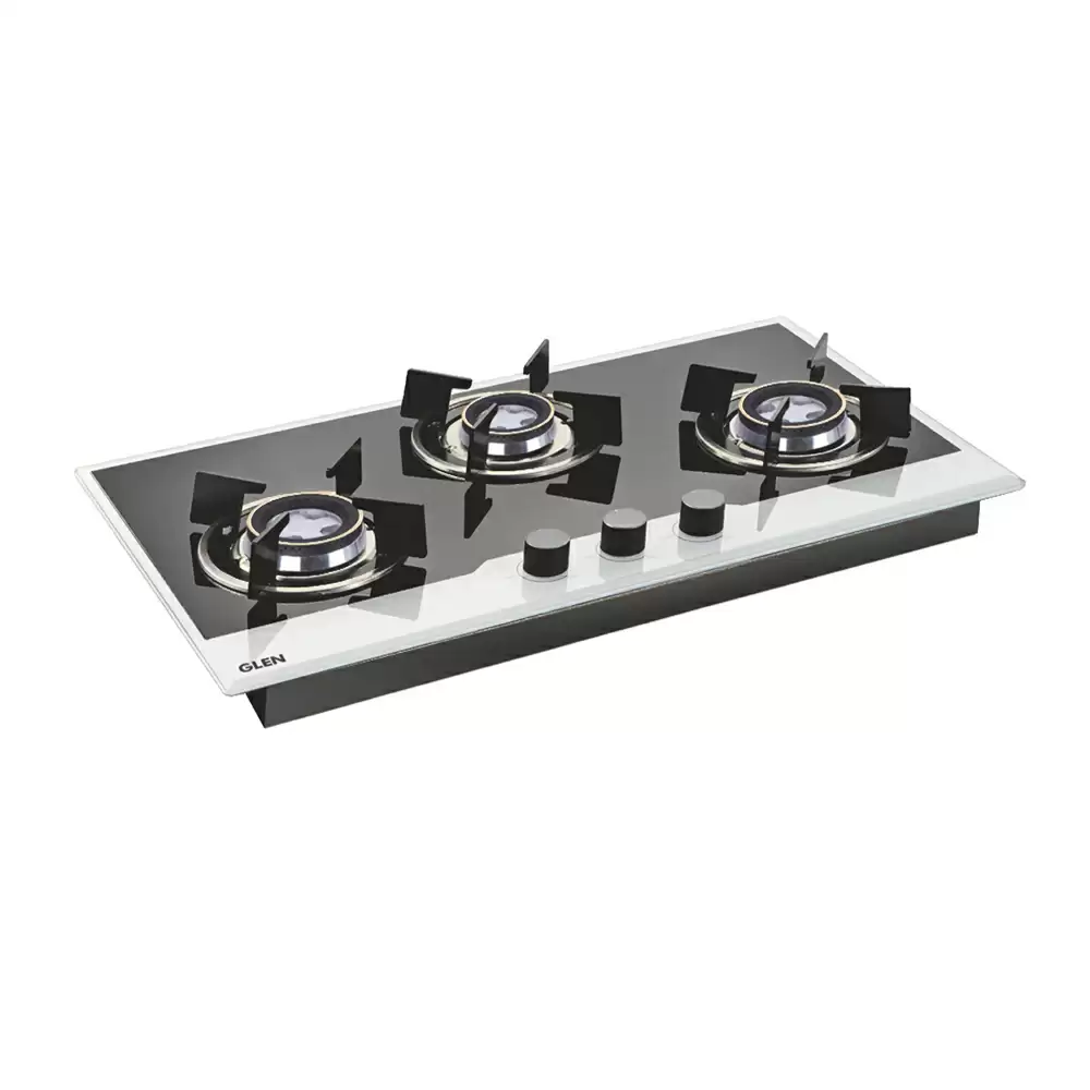 Glen BH 1073 HT DB BW 73 cm 3 Brass Burner Auto Ignition Glass Top Built-in Hob - Black & Silver (2 Years Warranty)