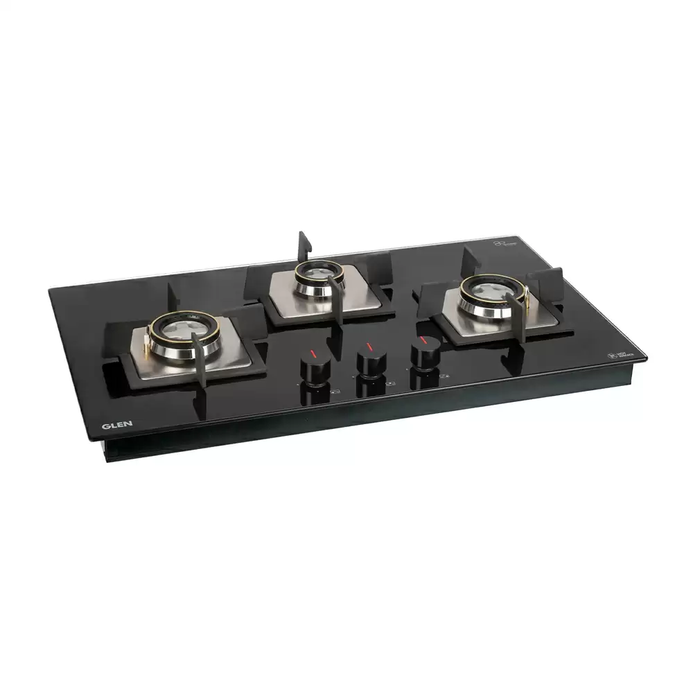 Glen BH 1073 SQ HT DB FFD 73 cm 3 Brass Burner Auto Ignition Glass Top Built-in Hob - Black (2 Years Warranty)  