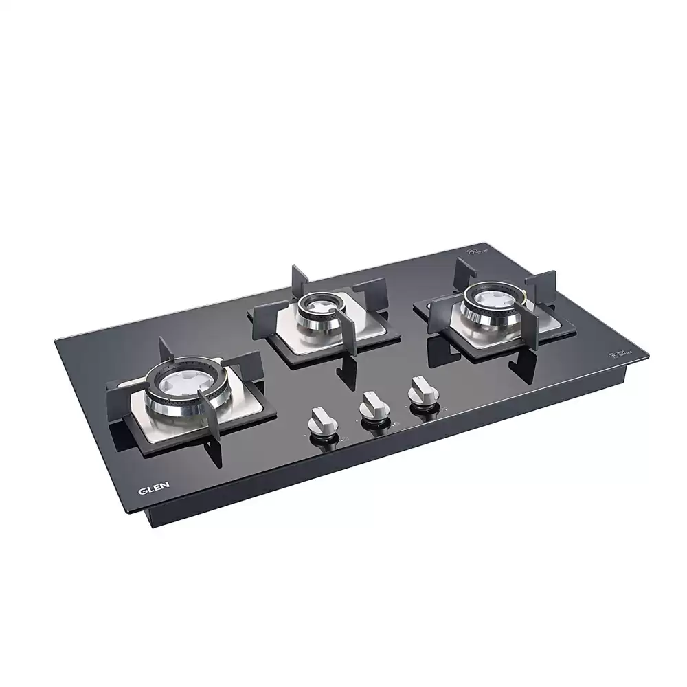 Glen BH 1073 SQ HT DB 73 cm 3 Brass Burner Auto Ignition Glass Top Built-in Hob - Black (2 Years Warranty)