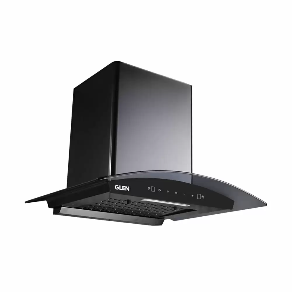 Glen CH 6060 BL MS AC 60 cm Heat Auto Clean Filterless Curved Glass Wall Mounted Kitchen Chimney, Suction Capacity 1200 m³/hr - Black