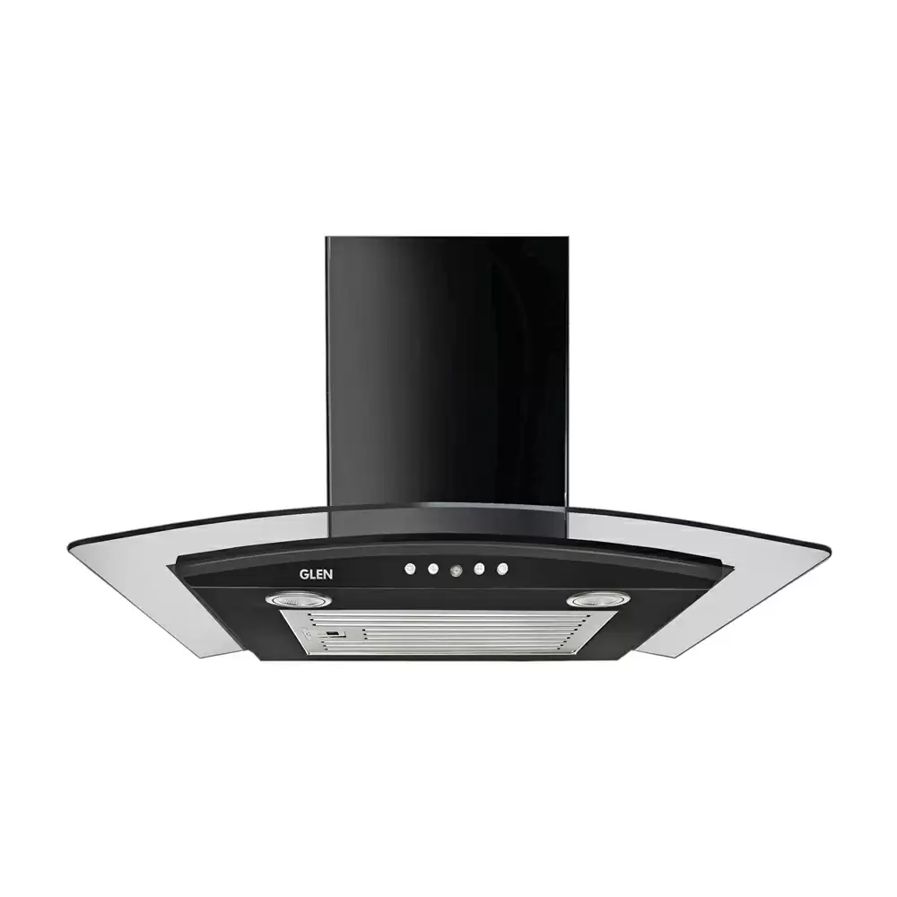 Glen CH 6071 EX 60 cm Baffle Filter Curved Glass Wall Mounted Kitchen Chimney, Suction Capacity 1000 m³/hr - Black