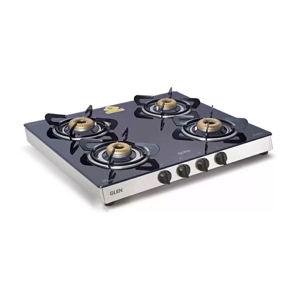 Glen CT 1041 GT FB Mirror 60 cm  4 Brass Burner Manual Ignition Cooktop - Black & Silver (2 Years Warranty)