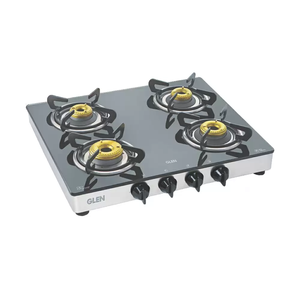 Glen CT 1042 GT FB Mirror 60 cm 4 Brass Burner Manual Ignition Cooktop - Black & Silver (2 Years Warranty)