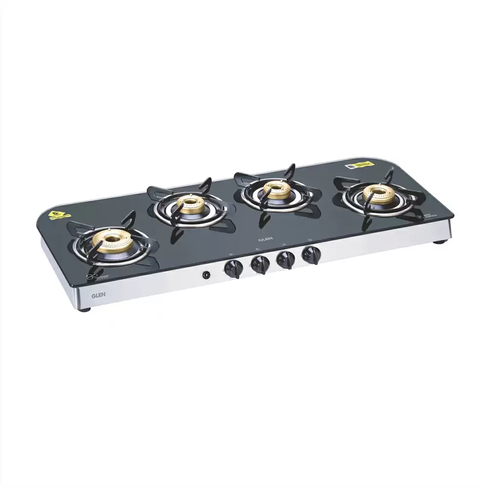 Glen CT 1049 GT FB Mirror 95 cm 4 Brass Burner Auto Ignition Cooktop - Black & Silver (2 Years Warranty)