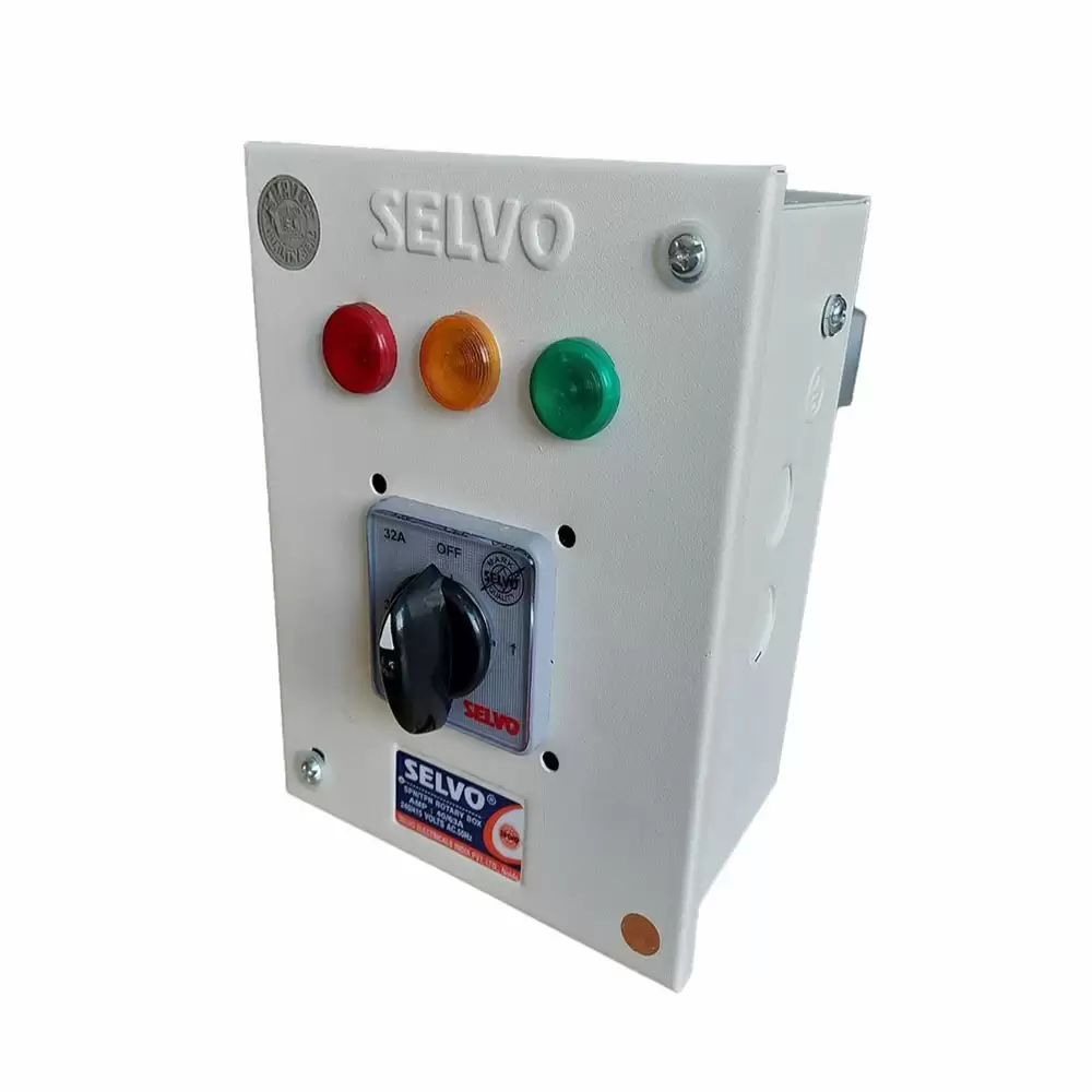 Selvo 32A SPN Phase Selector Enclosure with Duly Wired 1 Pole Cam Operated Rotary Switch Fitted- GSELSPN321P3W