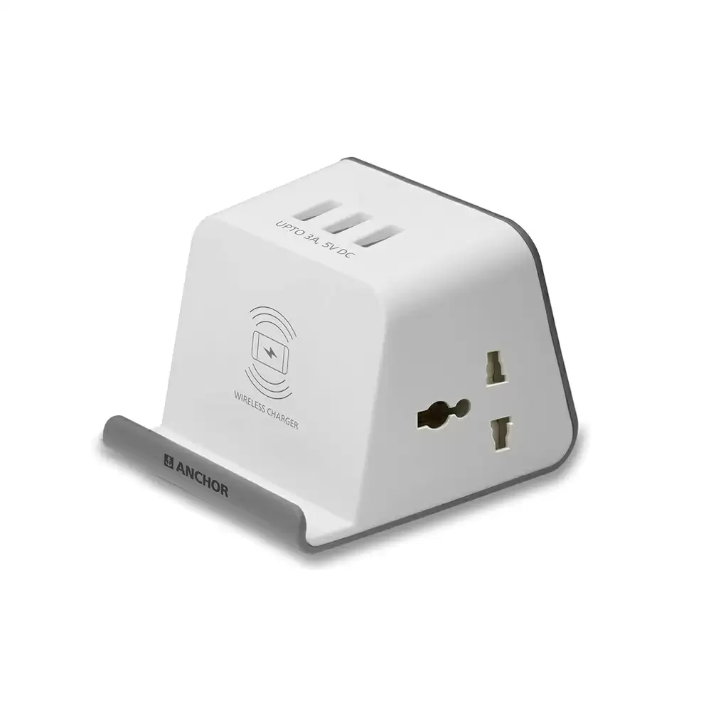 Anchor 10 Amp Extension Unit With 1 Amp Wireless Charging & 3 USB Ports, 1.5 Mtr Extension Cord - White & Grey (22055)