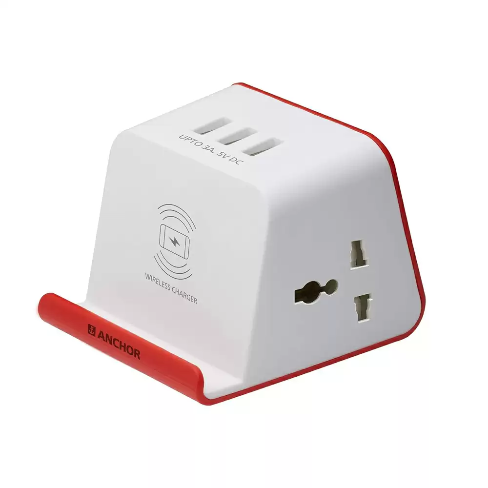 Anchor 10 Amp Extension Unit With 1 Amp Wireless Charging & 3 USB Ports, 1.5 Mtr Extension Cord - White & Red  (22056)