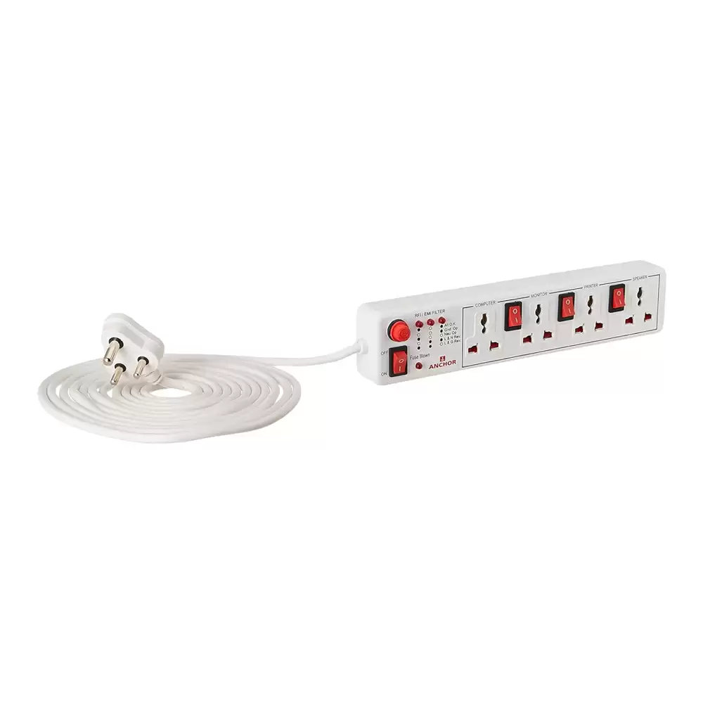 Anchor 6 Amp 4 Universal Socket & 4 Switch Extension Board With 4 Mtr Extension Cord  - White (22569)