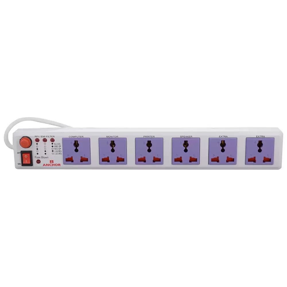 Anchor 6 Amp 4 Universal Socket & 1 Switch Extension Board With 1.5 Mtr Extension Cord  - White (22579)