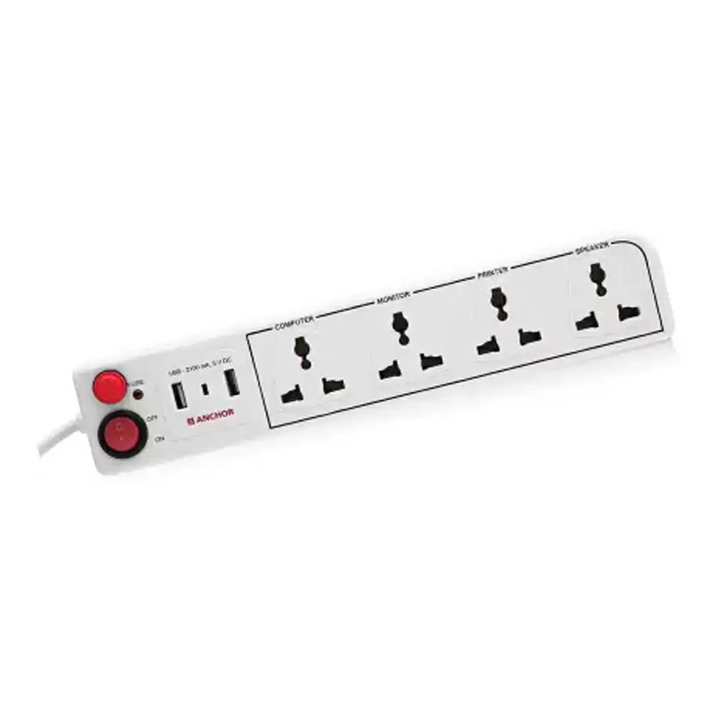 Anchor 6 Amp 4 Universal Sockets & Two USB Port Extension Board With 1.5 Mtr Extension Cord - White (22783)