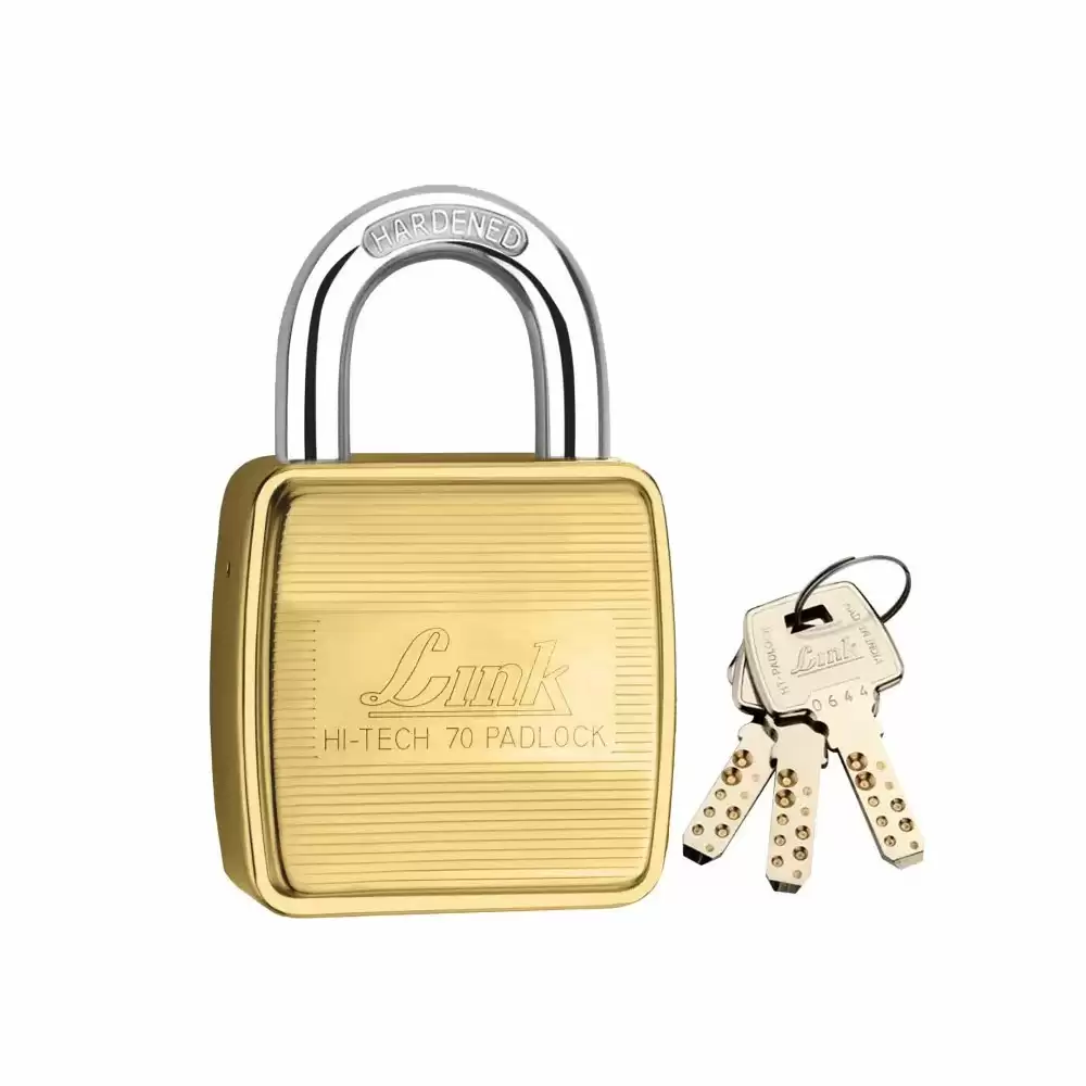 Link Hi-Tech 70 mm Hardened Shackle Double Locking Padlock With 3 Keys- Brass Finish