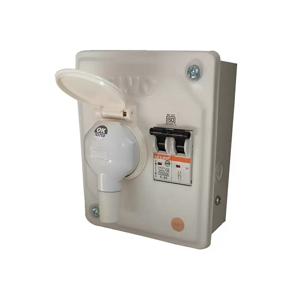 Selvo 20 Amp SPN Distribution Board With Two Pin Metal Clad Industrial Plug & Socket (Fitted with C-20 Amp Double Pole MCB)