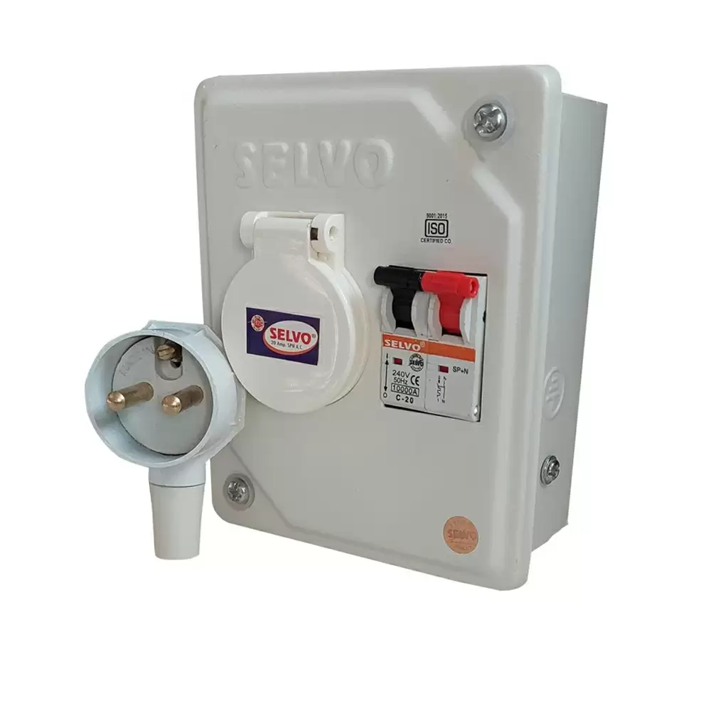 Selvo 20 Amp SPN Distribution Board With Two Pin Metal Clad Industrial Plug & Socket (Fitted with C-20 Amp SPN MCB)