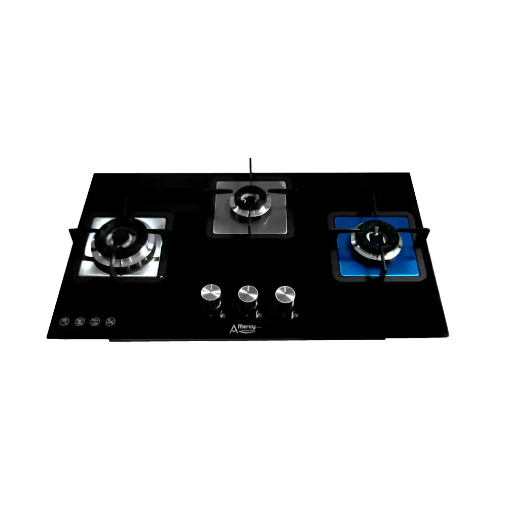 Mercy Maxima 76 cm 3 Brass Burner Auto Ignition Glass Top Built-in Hob - Black (1 Year Warranty)