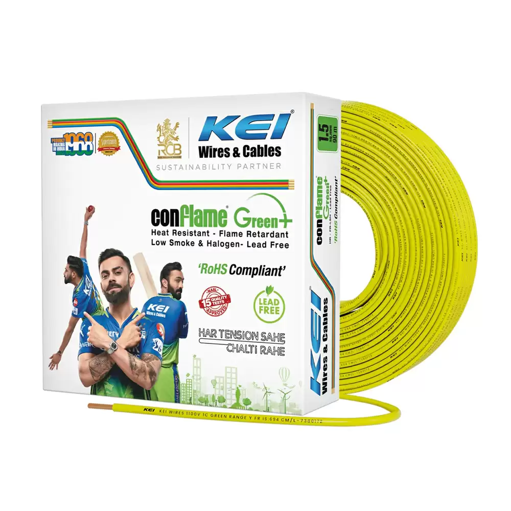 KEI Conflame Green Plus 1 Sq mm Single Core Electrical Wire - 90 Meter (Yellow)