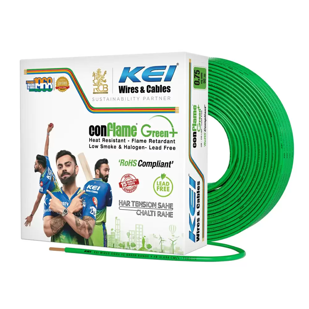 KEI Conflame Green Plus 1.5 Sq mm Single Core Electrical Wire - 90 Meter (Green)