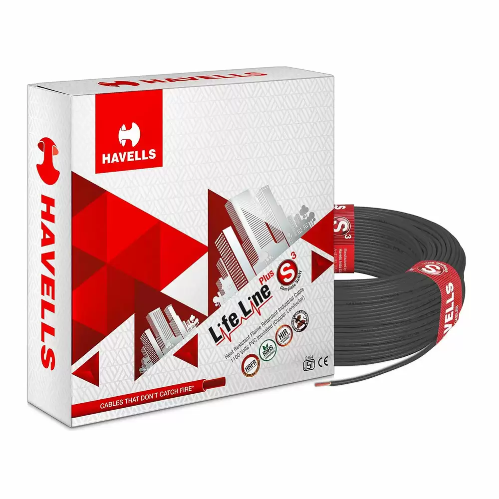 Havells Lifeline Plus S3 1.00 sq. mm HRFR Electrical Wire, 200 Meter - Black