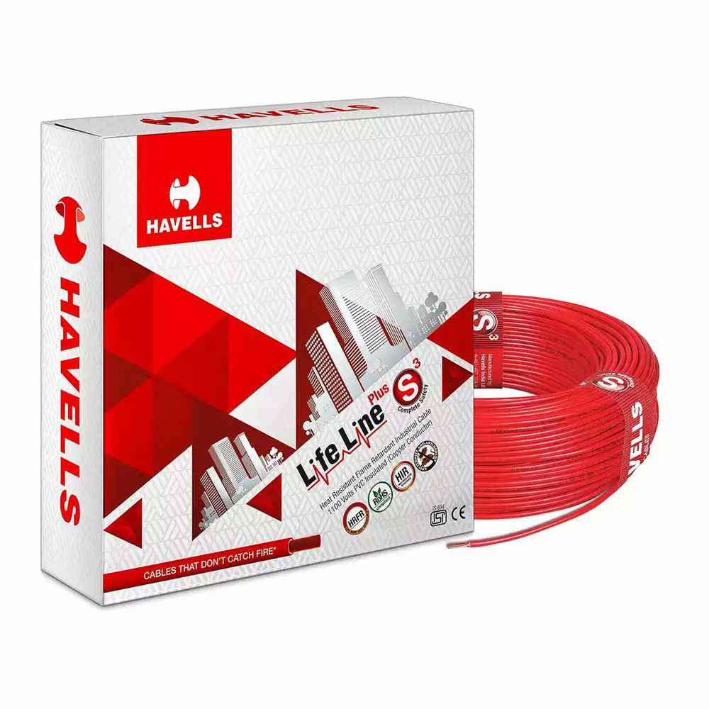 Havells Lifeline Plus S3 6.00 sq. mm HRFR Electrical Wire, 200 Meter - Red