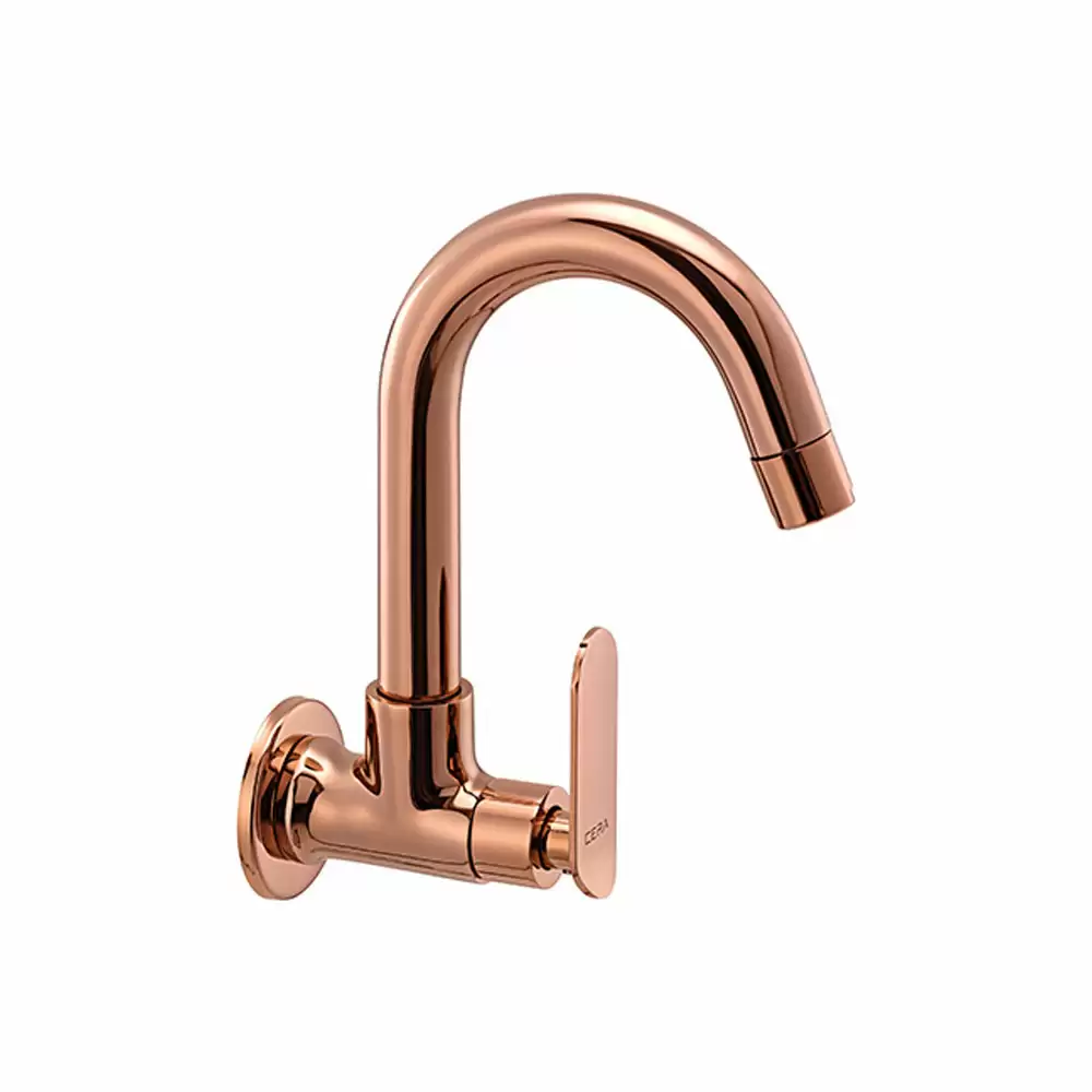 Cera Lustre Brooklyn Wall Mounted Sink Cock with 150 mm Long Swivel Spout & Wall Flange - Rose Gold