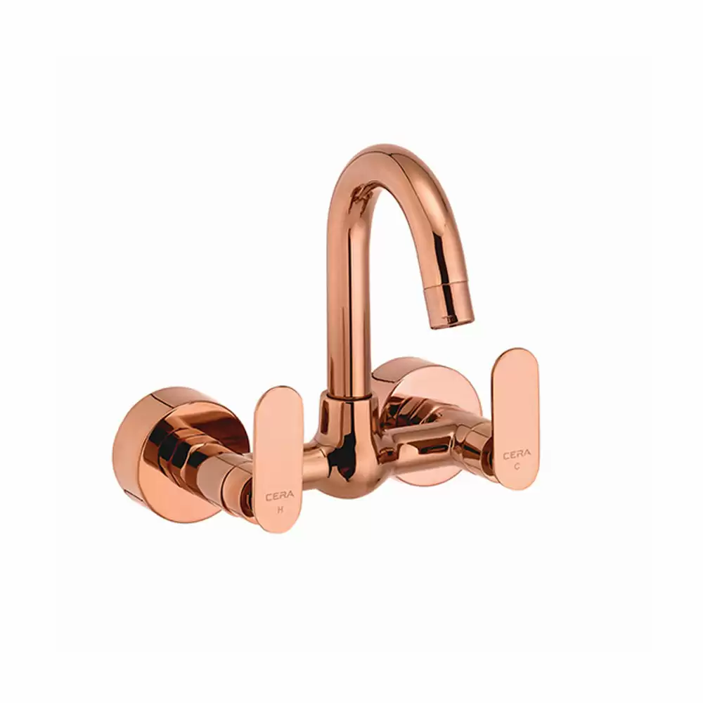 Cera Lustre Brooklyn Wall Mounted Sink Mixer with 150 mm Long Swivel Spout, Connecting Legs & Wall Flanges - Rose Gold