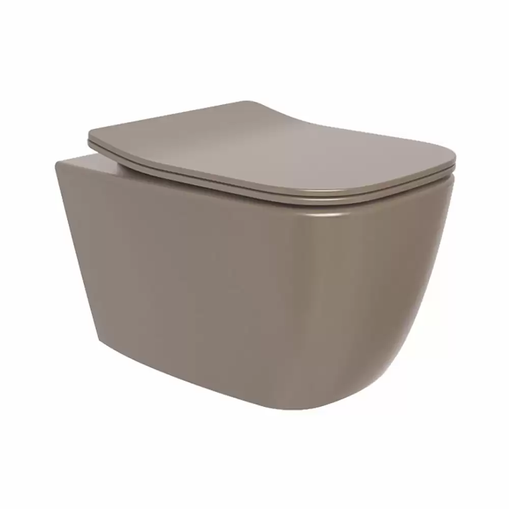 Cera Lustre Carlton Rimless P-Trap Wall Hung EWC Commode with Duroplast Soft Close Seat Cover - Coffee