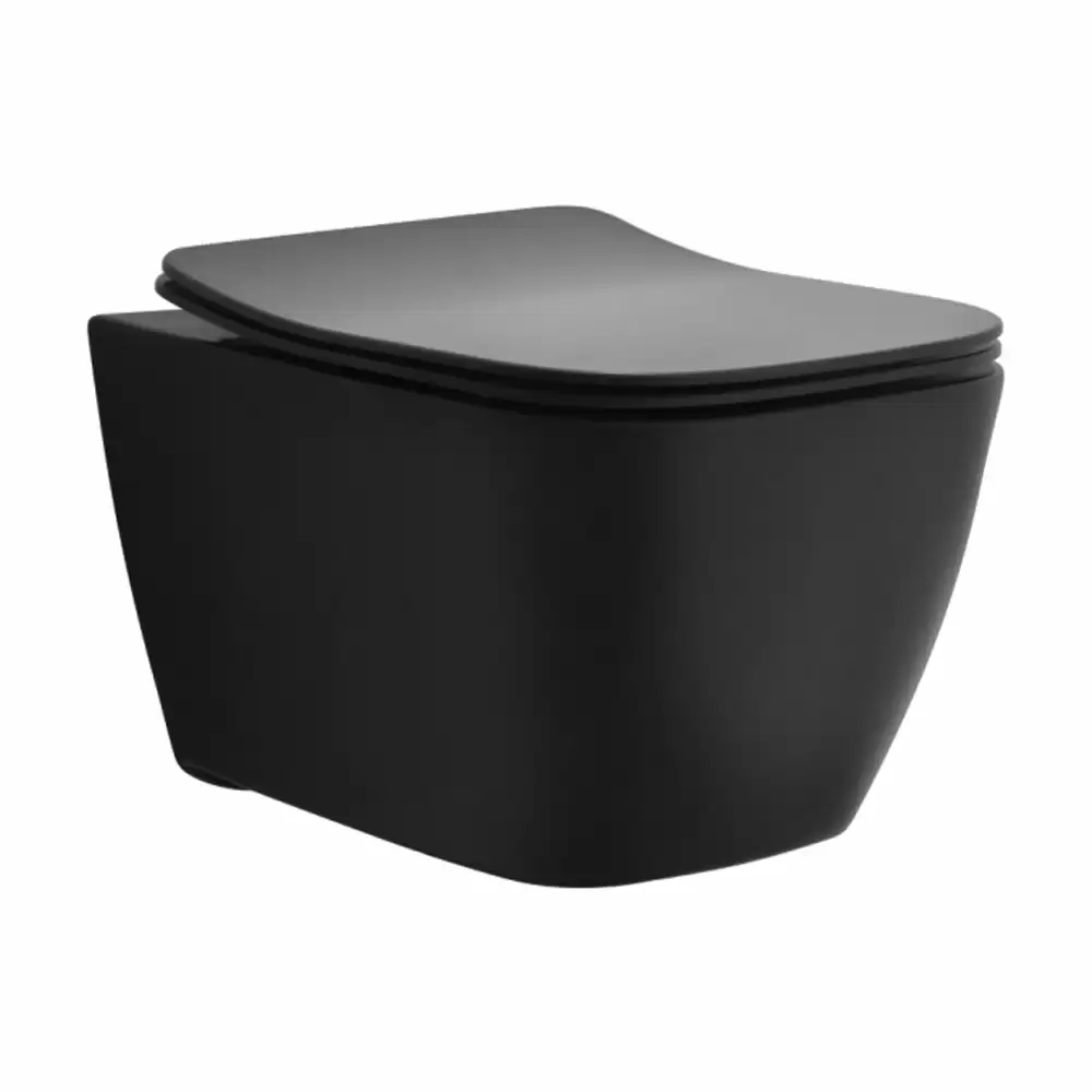 Cera Lustre Carlton Rimless P-Trap Wall Hung EWC Commode with Duroplast Soft Close Seat Cover - Silky Black