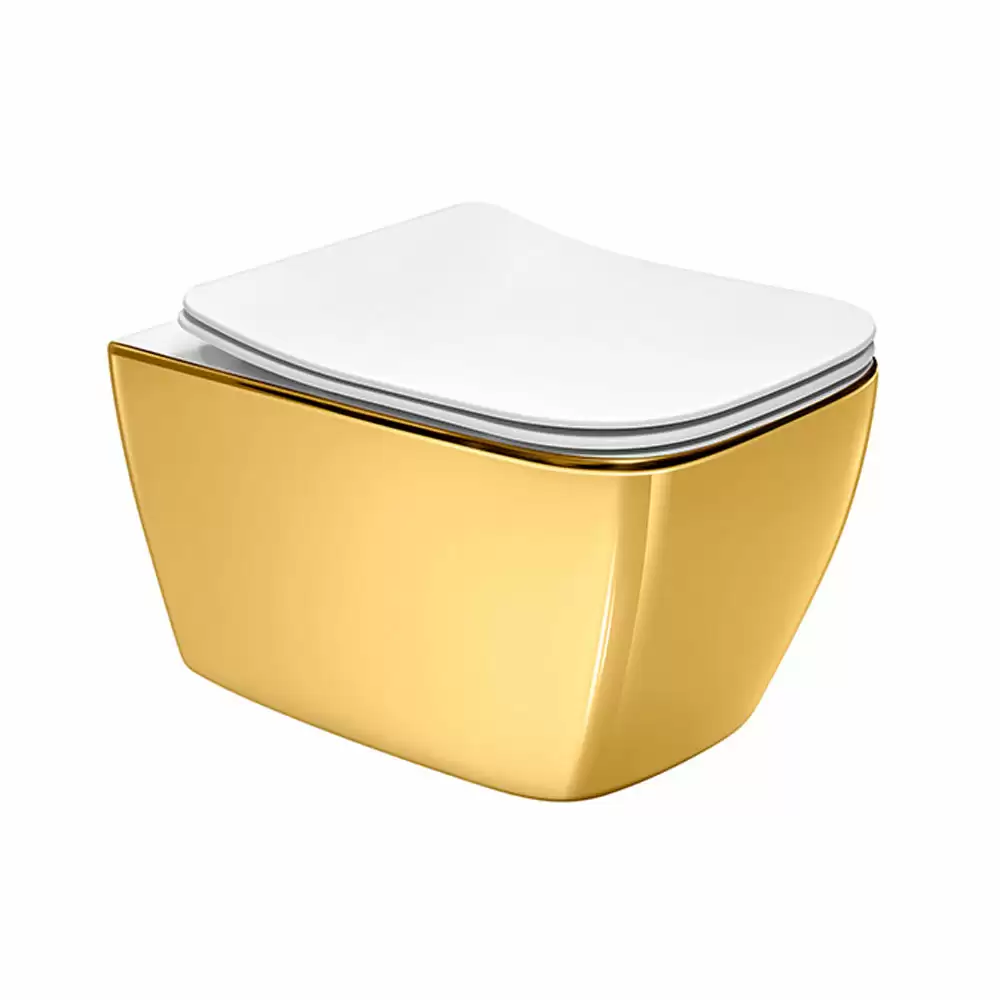 Cera Lustre Glitz Carlton Rimless P-Trap Wall Hung EWC Commode with Duroplast Soft Close Seat Cover - French Gold